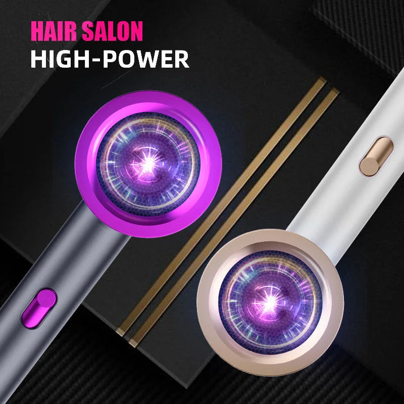 High-power negative ion hair dryer with blue light technology, sleek purple and white professional salon design.