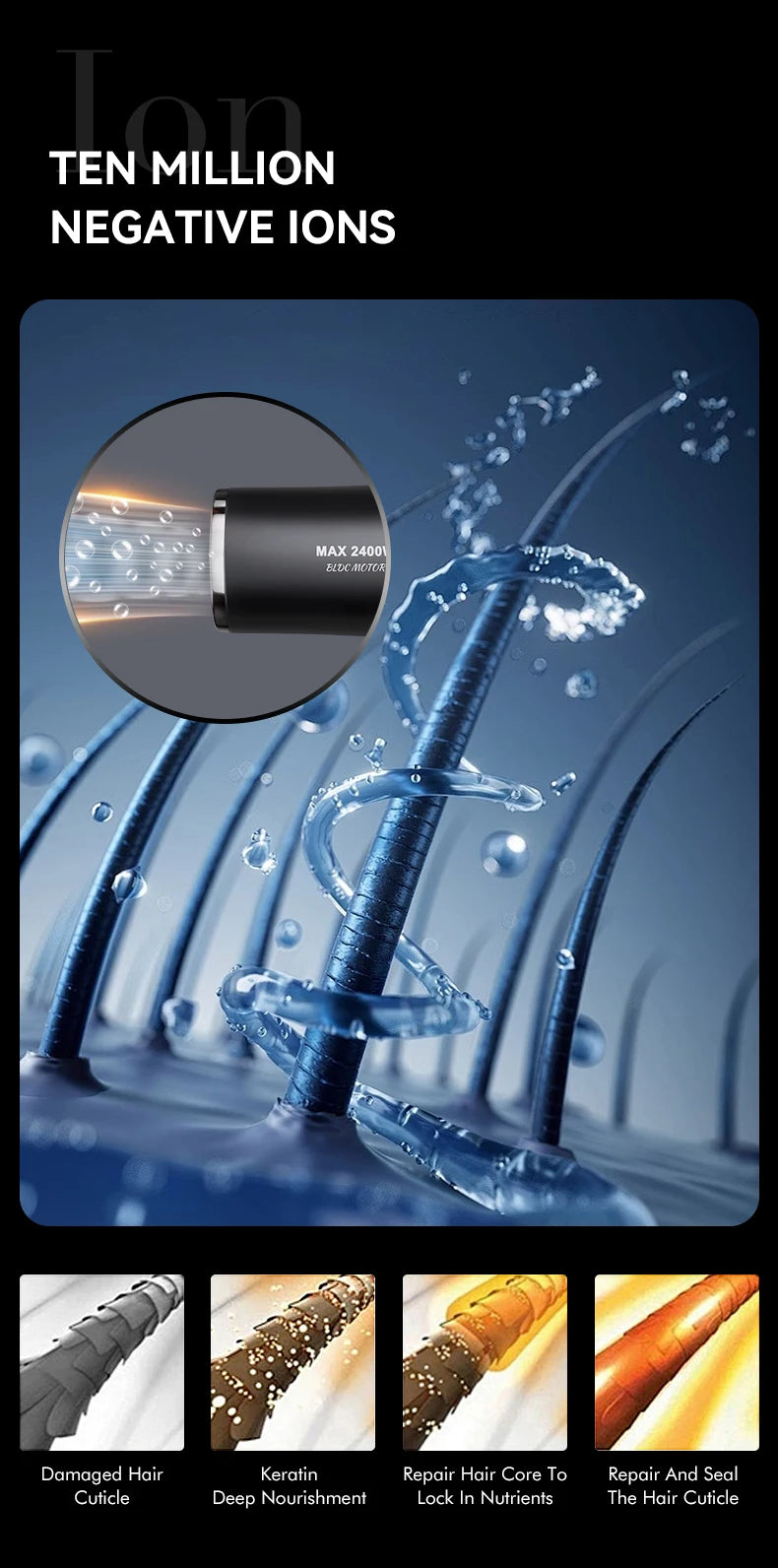 VGR V-469 ionic hair dryer showing negative ion technology for smooth, nourished hair and restored cuticles.