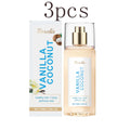 Roxelis Vanilla Coconut 3pc body mist set. Cylindrical bottle, floral/fruity fragrance, travel-friendly scent for women.