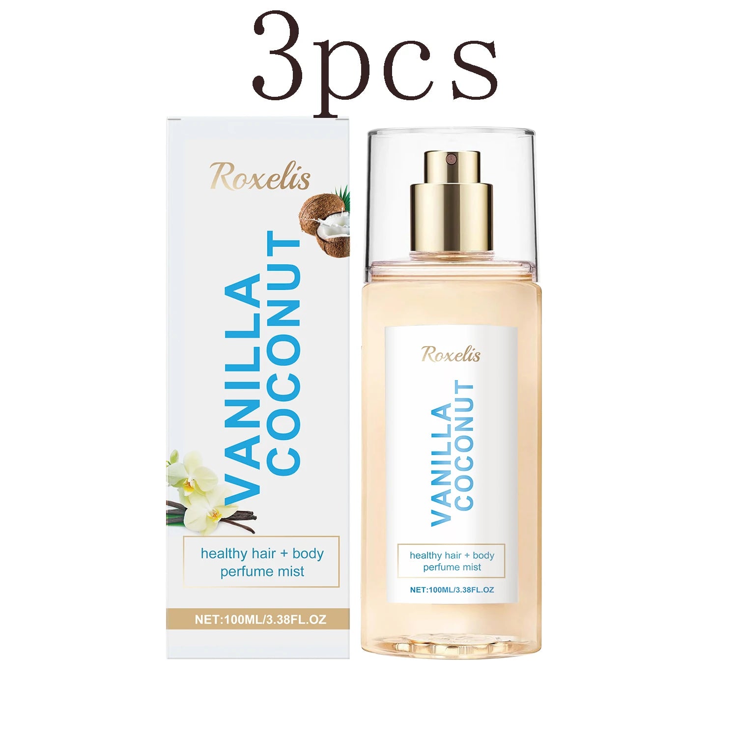 Roxelis Vanilla Coconut 3pc body mist set. Cylindrical bottle, floral/fruity fragrance, travel-friendly scent for women.