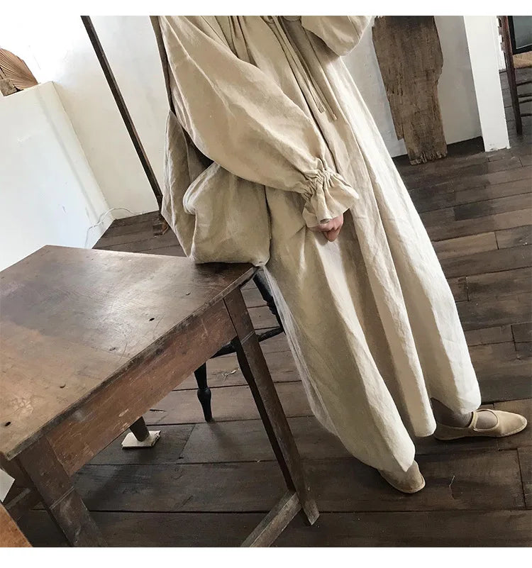 Original New Spring Vintage Cotton Linen Dress for Women Solid Long Sleeve Drawstring Linen One-Piece Dress Maxi Dress