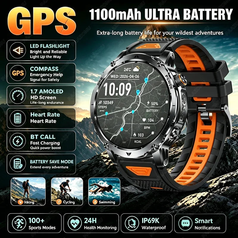 GPS Outdoor Military Smart Watch Men 1100mAh Large Battery Flashlight+SOS COMPASS Bluetooth Call 10ATM Waterproof Sports Watches