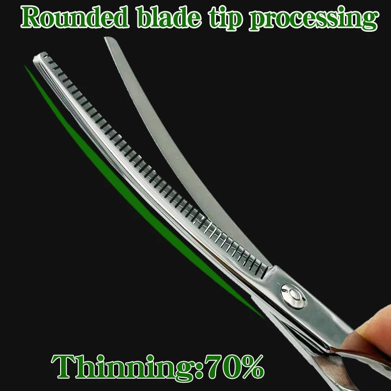 7-inch silver pet grooming thinning shears with rounded tip, curved fishbone blades for professional dog hair trimming.