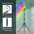 10-inch RGB LED ring light on a 61-inch telescopic tripod for smartphone photography and video recording.