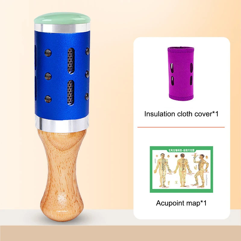 Warm jade facial massage device with blue metal body, wood handle, purple insulation cover, and acupoint chart.
