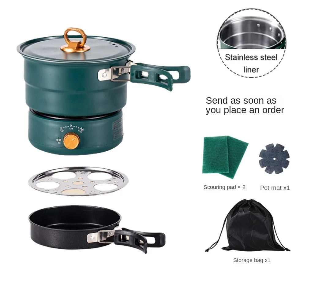 Portable electric rice cooker with glass lid, green body and carry handle, 1.6L