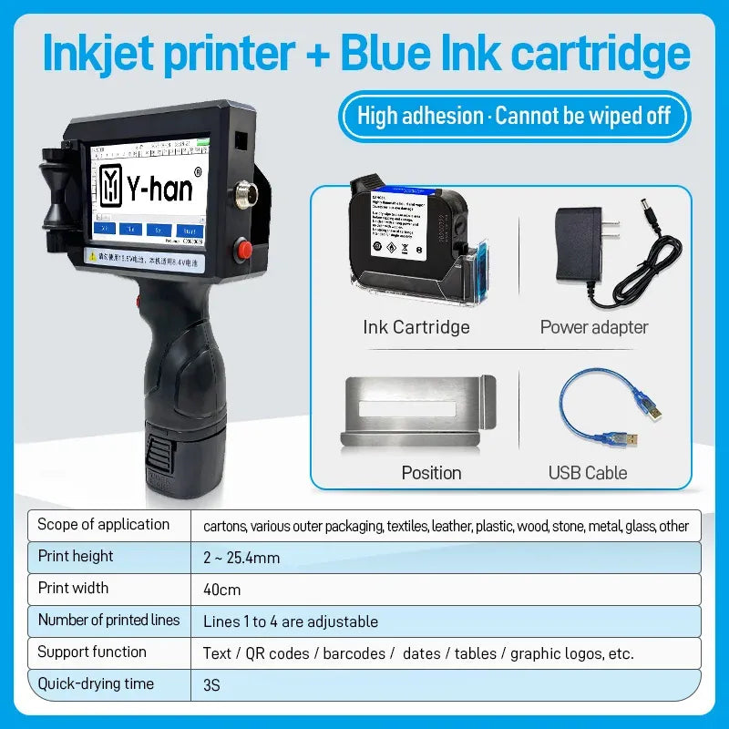 Portable handheld inkjet printer with blue ink cartridge, power adapter and USB cable
