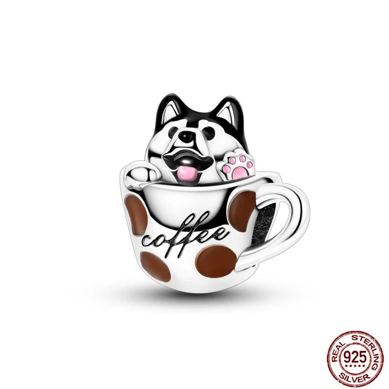925 Sterling Silver puppy in coffee cup charm for DIY bracelets. Detailed dog bead, perfect gift for pet lovers.