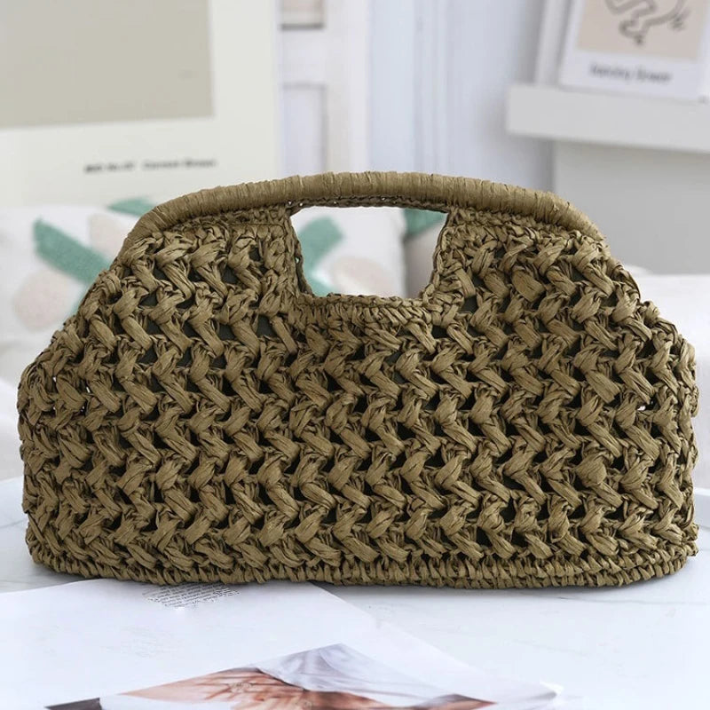 Women's Brand Fashion Clip Handbag, Bohemian Style Large Capacity Travel Woven Bag Popular Elegant Raffia Handmade Crossbody Bag