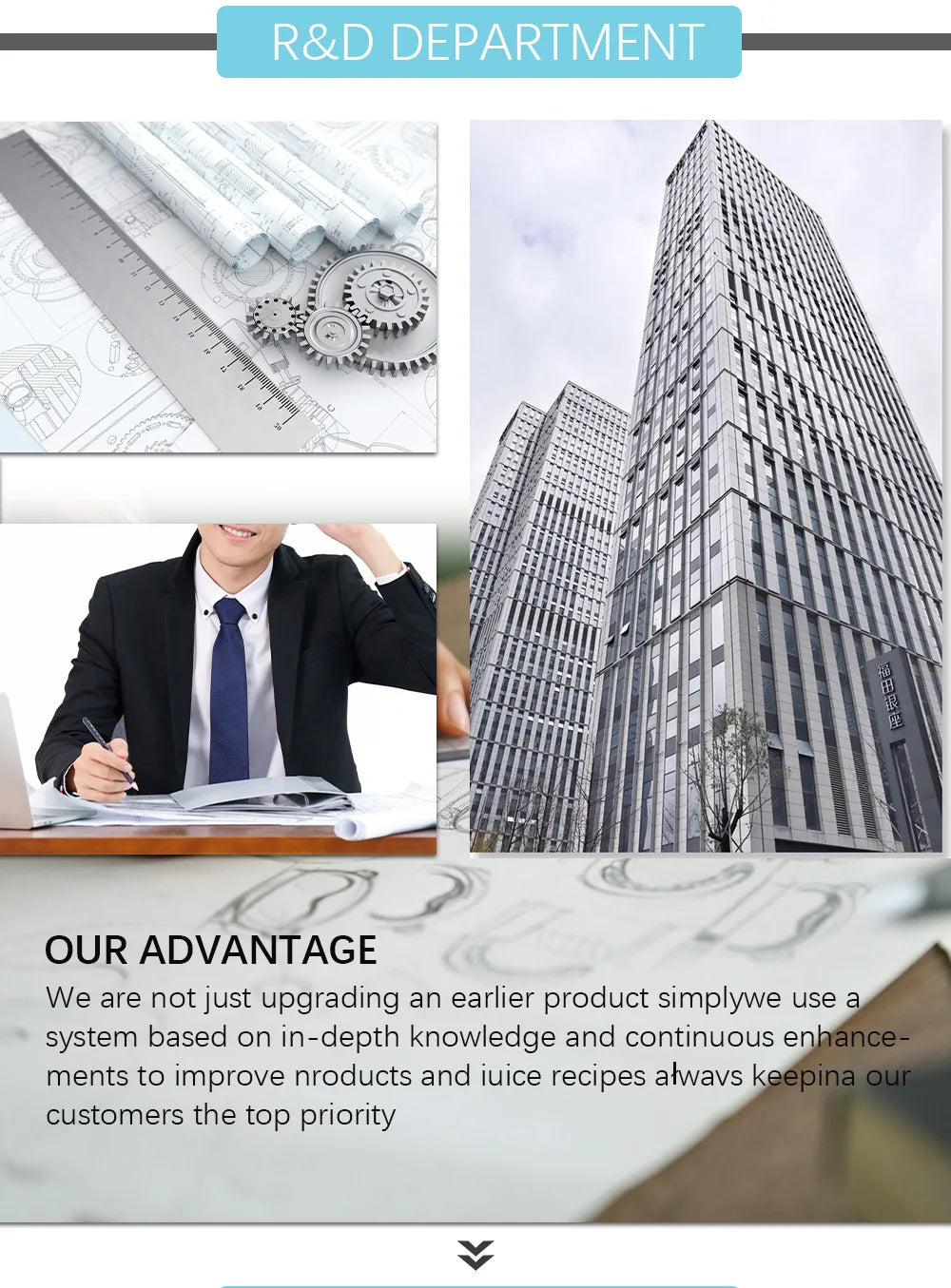 “R&D DEPARTMENT” slide with building photo and “OUR ADVANTAGE” text