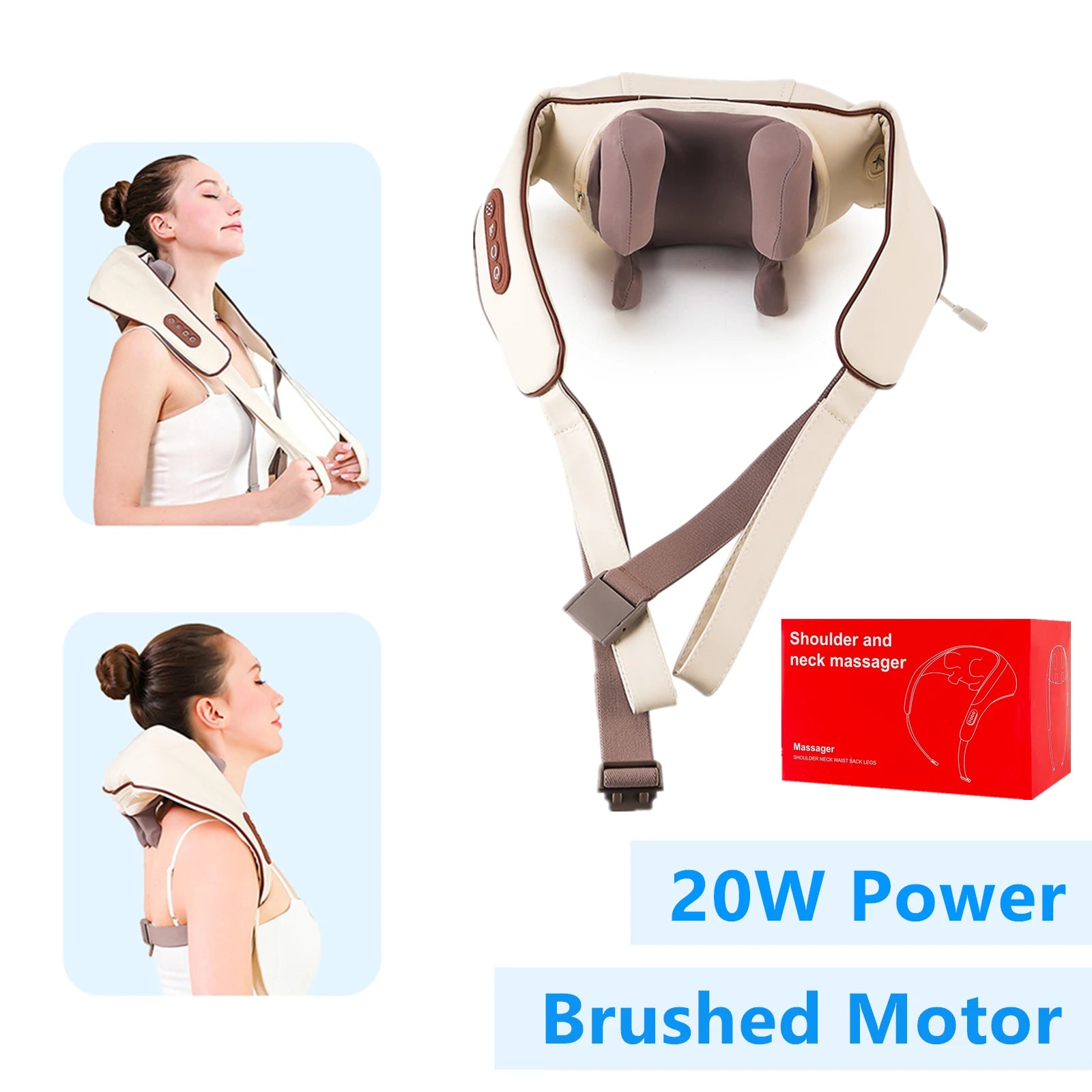 Electric Neck and Shoulder Massager - Rechargeable Deep Tissue Shawl Back Massage Instrument 20W-Brown Tidesmit