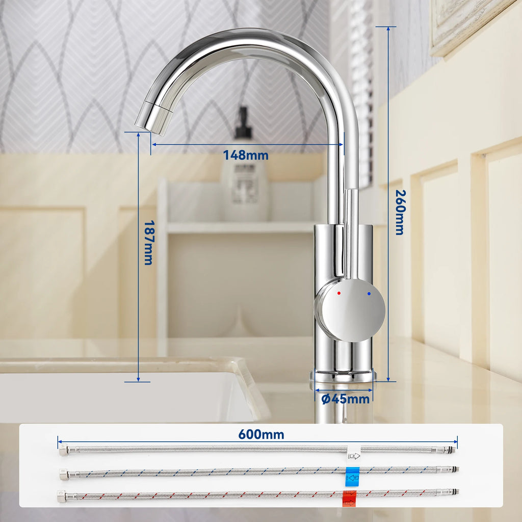 Low-pressure mixer tap – single-handle bathroom mixer tap with a top spout (187 mm) – 360° swivel – for washbasins and small kitchens