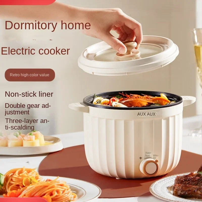 White mini electric rice cooker with glass lid and front control knob