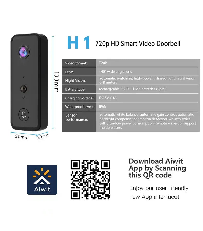 720P Aiwit APP WiFi Doorbell Low Consumption Battery Power Visual Door Peephole Video Eye Night PIR Home Security Doorviewer