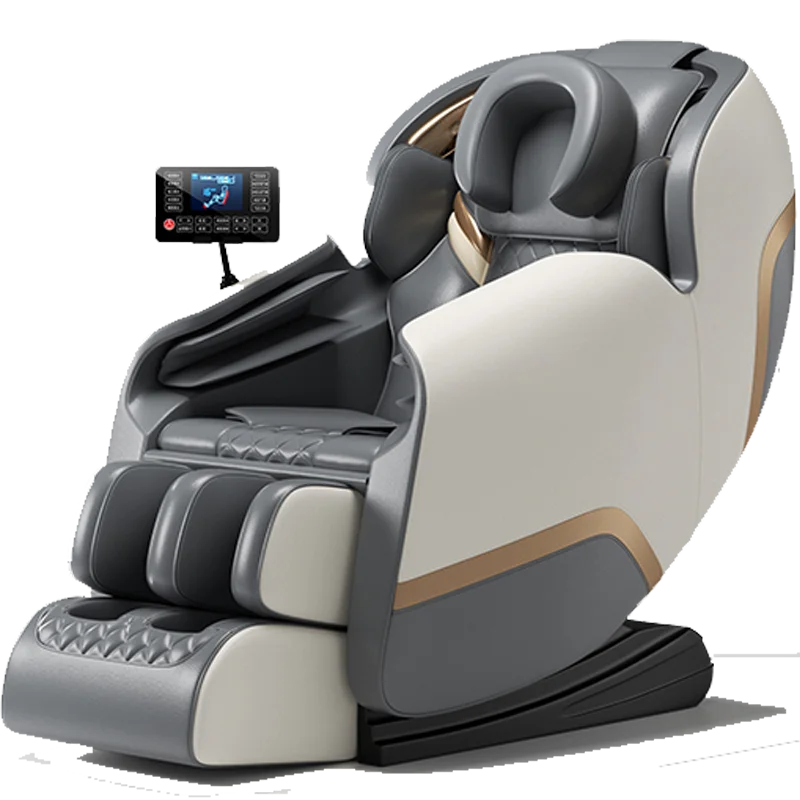 Gray and beige shiatsu massage chair with headrest, armrests, and leg rollers close-up