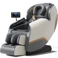 Gray and beige shiatsu massage chair with headrest, armrests, and leg rollers close-up