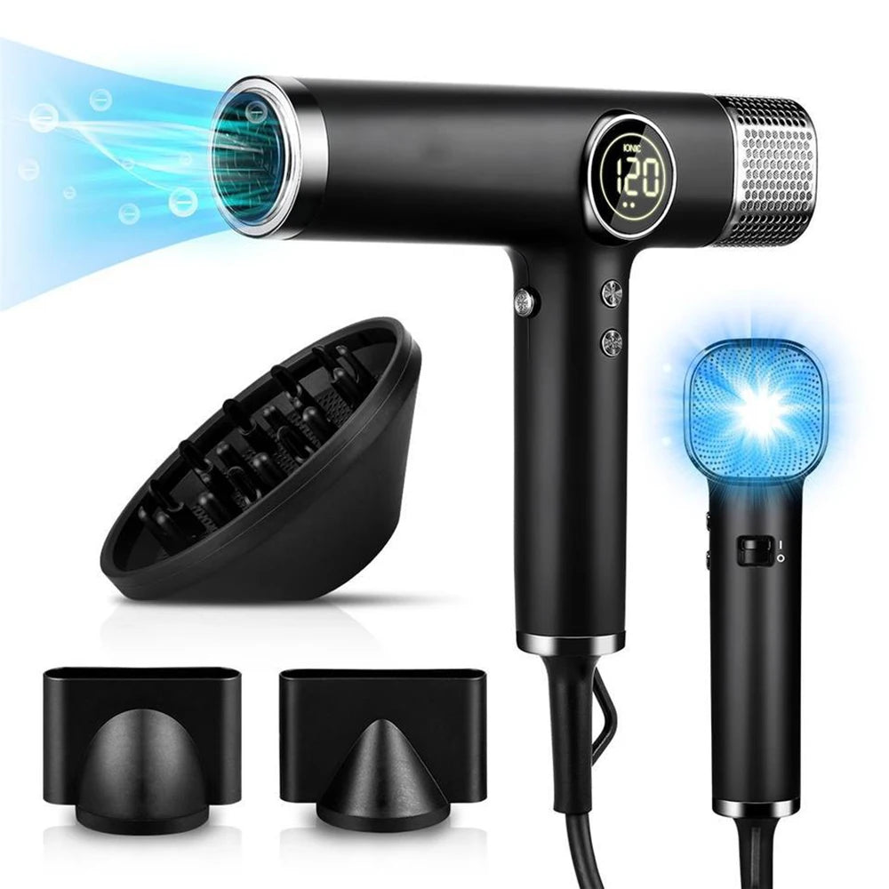 Black 1800W professional ionic hair dryer with digital display, diffuser, and styling attachments.