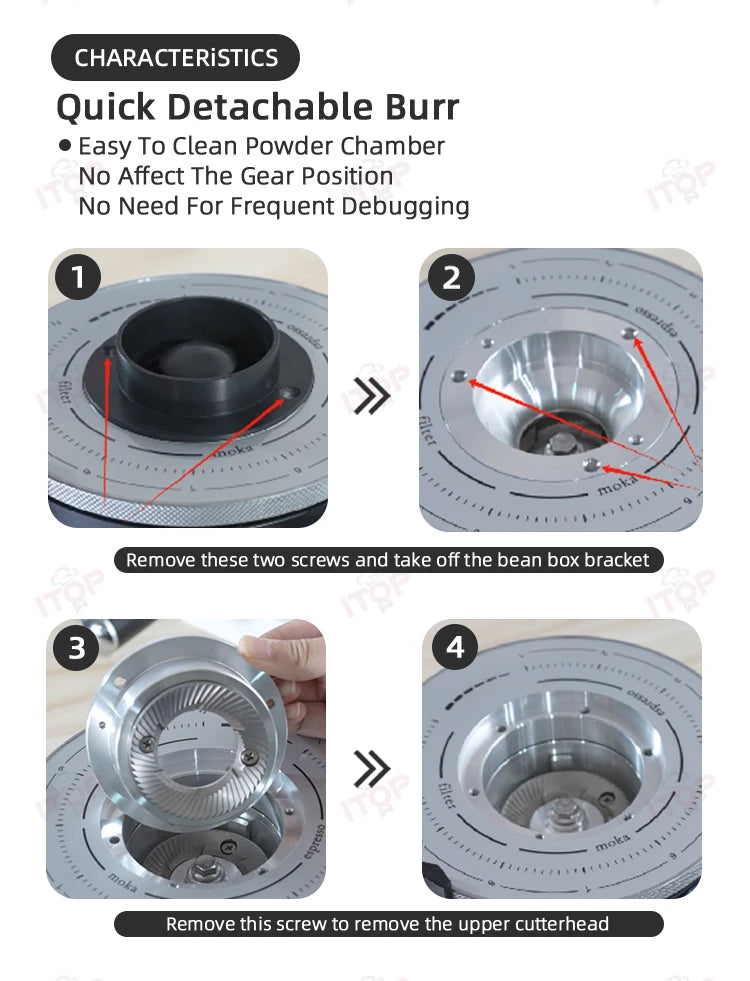 ITOP coffee grinder step-by-step guide for removing the metal burr and bean box bracket for easy cleaning.