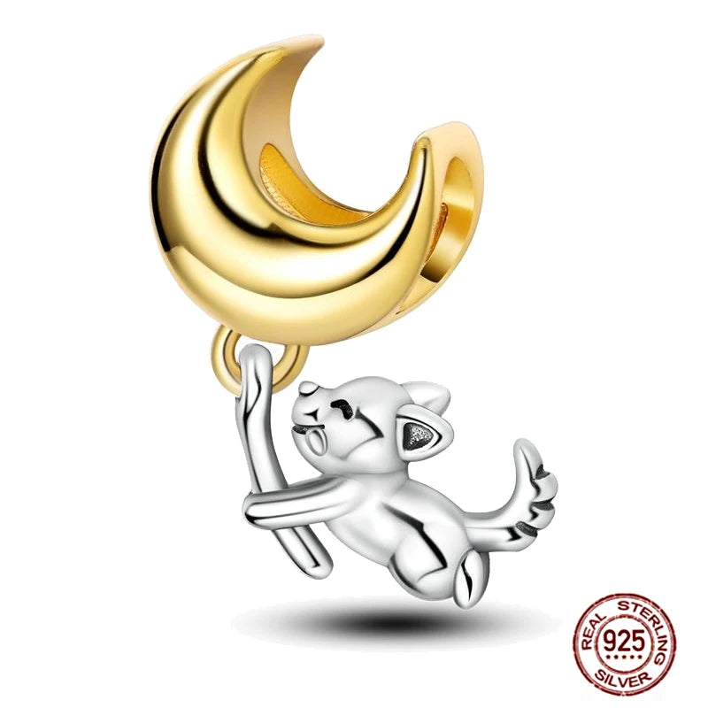 925 sterling silver dog charm with gold moon pendant, perfect for DIY charm bracelets and pet lovers' jewelry.