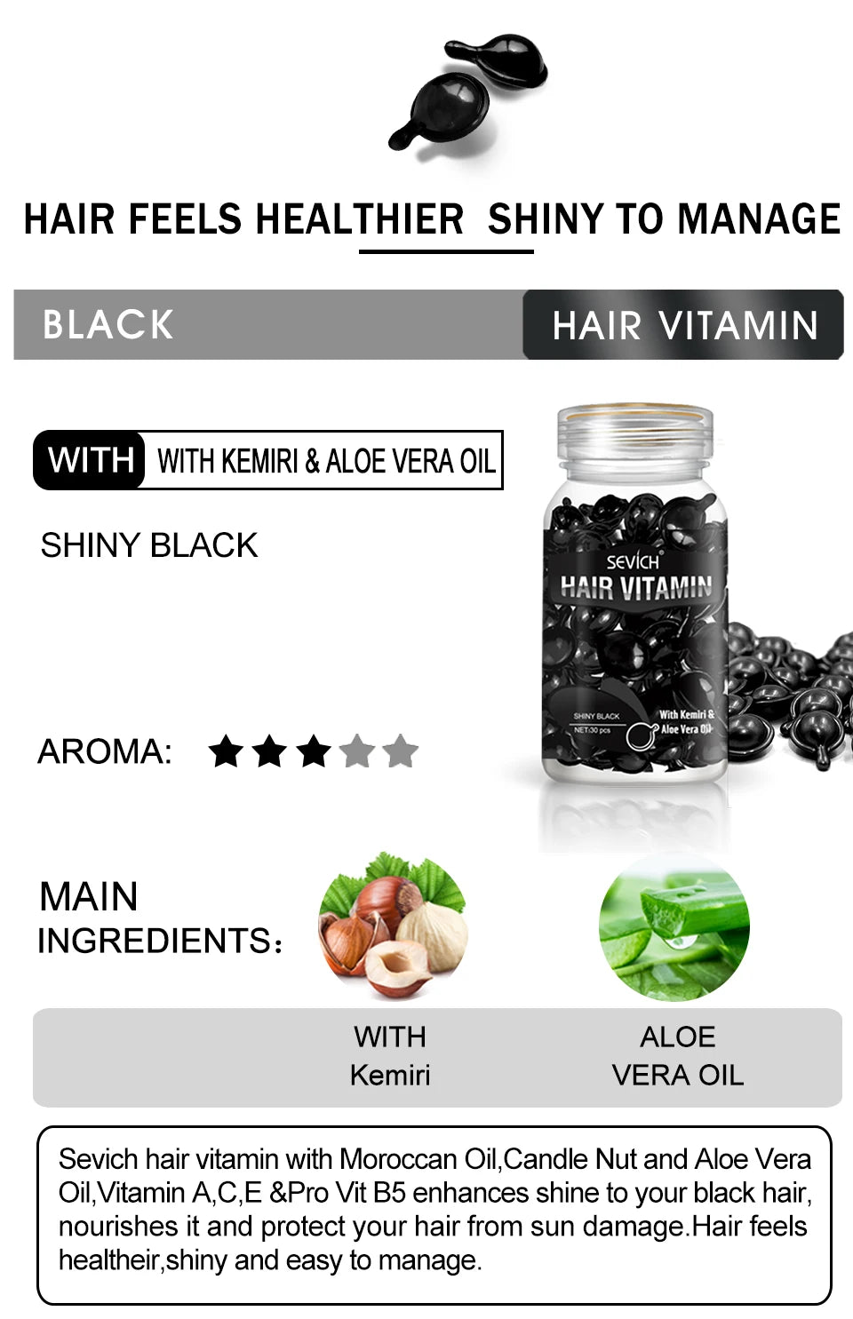 Sevich 30pc Hair Vitamin Capsules with Moroccan Oil, Kemiri, and Aloe Vera for silky, repaired, shiny black hair.