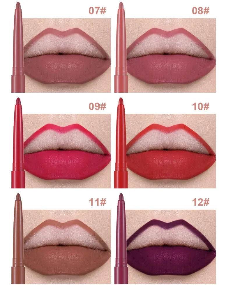 Set of 6 waterproof matte lip liner pens in various shades, showing creamy, velvet texture swatches on lips.