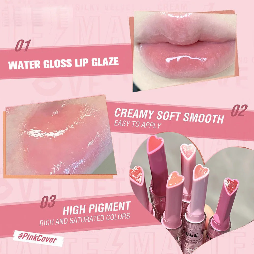 Gege Bear Garden Pink Rabbit heart-shaped moisturizing lip balm with a watery, glossy finish and pigmented color.