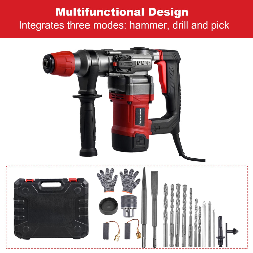 Hammer Drill, 2000W Electric Power Drill for Concrete with Safety Clutch, Vibration Control, 3 Modes Heavy Duty Concrete Tools, Includes Bits, Flat/Point Chisels Set With Case