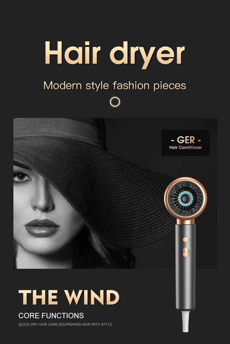2000W professional ionic hair dryer in grey and rose gold, featuring a modern round head design for salon-style drying.