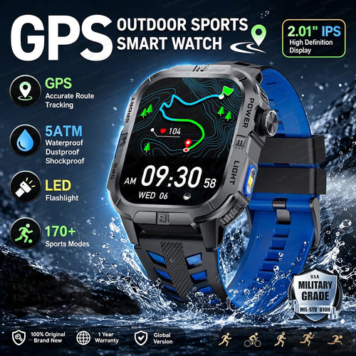 Outdoor military GPS smartwatch with dark case and blue silicone strap, bright LED display icons.