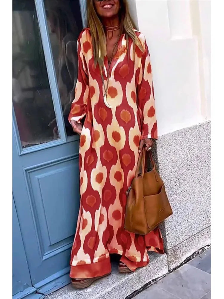 2024 Autumn Causal V NeckWomen Geometric  Maxi Dress  Long Sleeve Dresses Female Holiday Beach Boho Dress