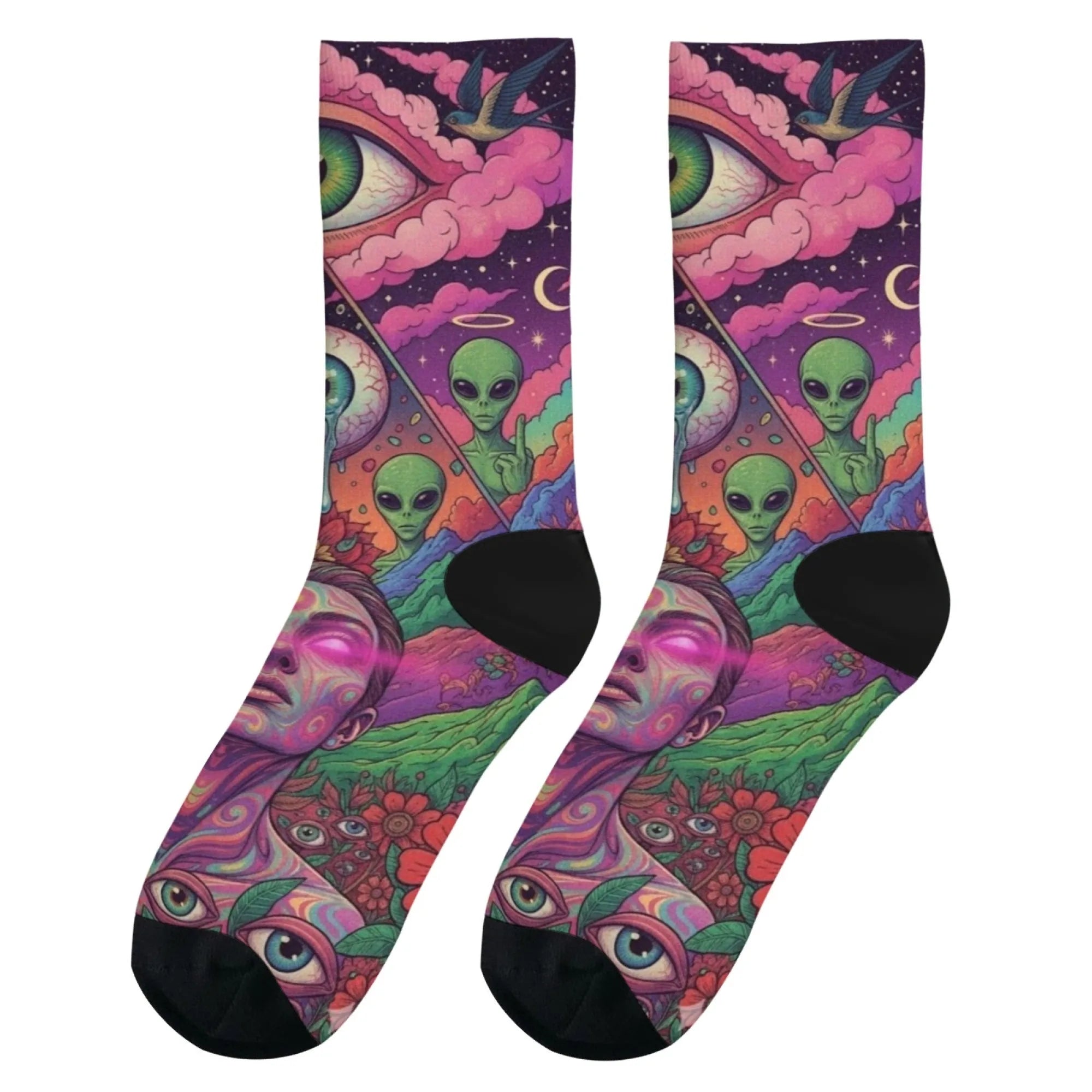 Mystery Eyes Happy Alien Psychedelic Socks Casual Fashion Men's Socks Novelty Funny Compression Socks Crazy Street Hip-Hop Socks