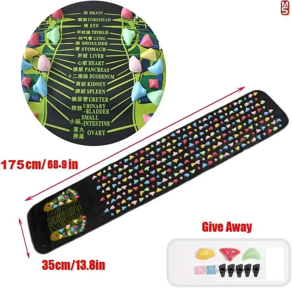 175cm acupressure foot reflexology massage pad with multicolored stone-shaped pressure nodes and organ reflex chart.