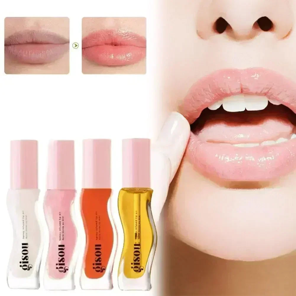 Gisou honey-infused moisturizing lip oil collection for glossy, plump lips with reduced lines and smooth texture.