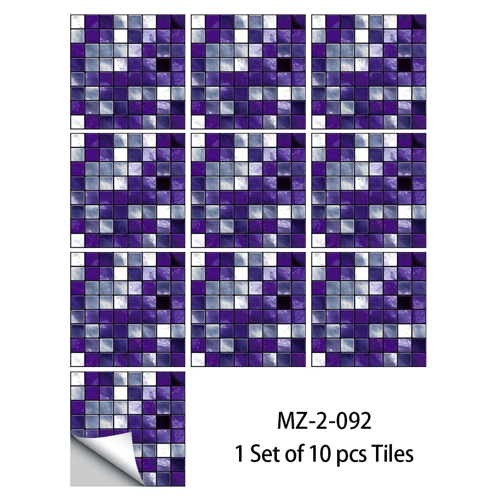 10pcs Purple Mosaic Hard Tiles Sticker Flat Printed in 2d Transfers Cover for Kitchen Bathroom Wallpaper Peel & Stick Wall Decal