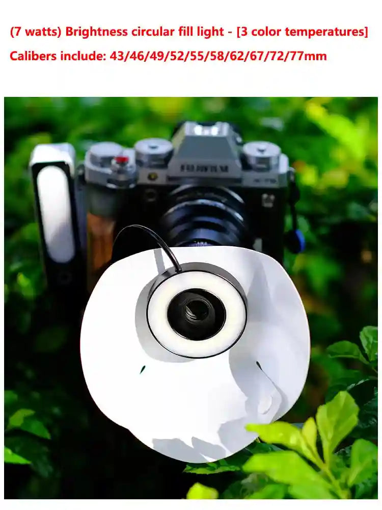 Circular LED macro lens light with white diffuser, attached to a camera lens for close-up photography.