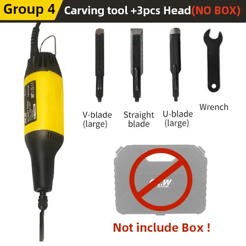Carving chisel tool set with yellow handle, V-blade, straight blade, U-blade bits, and wrench