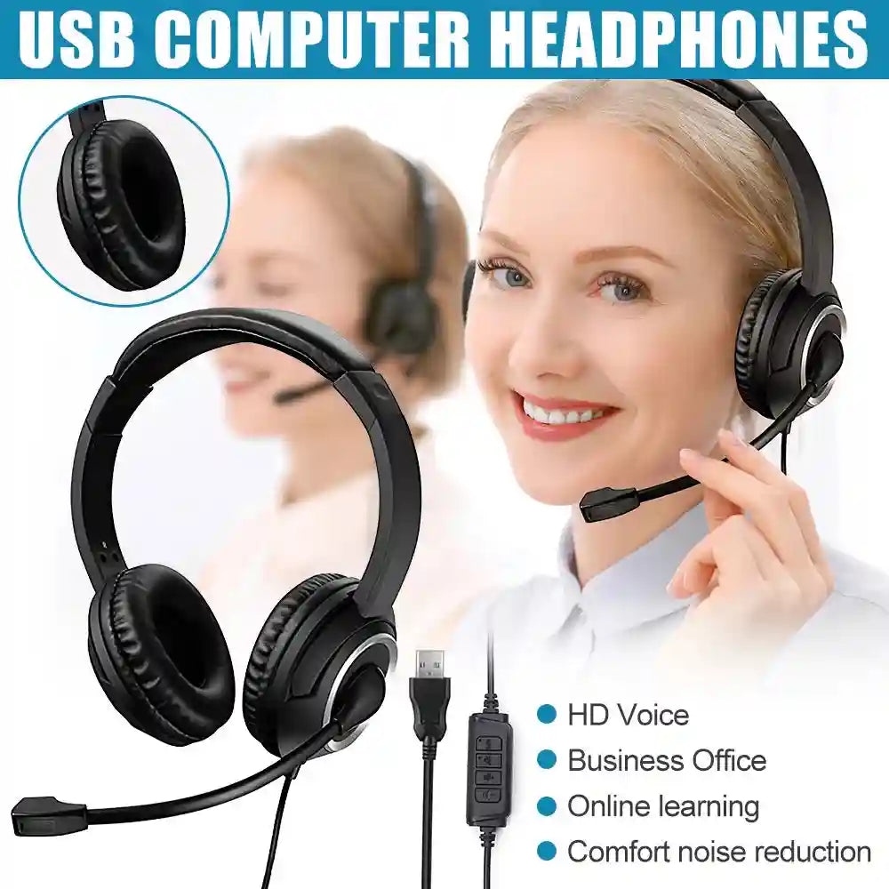 USB Wired Headset with Noise Cancelling Mic for PC Laptop - Black Tidesmit
