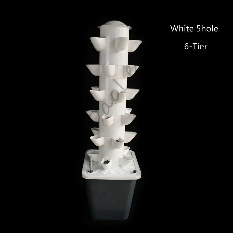White 5-hole 6-tier vertical hydroponic tower growing kit with base reservoir