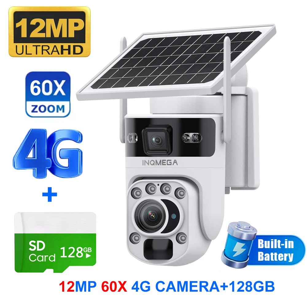 White solar PTZ 4G security camera with dual lens, 60X zoom, 12MP UltraHD, 128GB