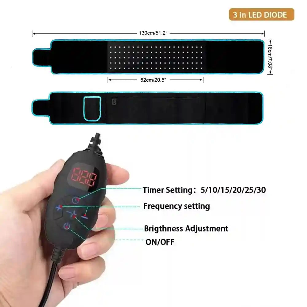 Black LED therapy belt with blue trim, featuring rows of diodes and a handheld controller with timer and settings.