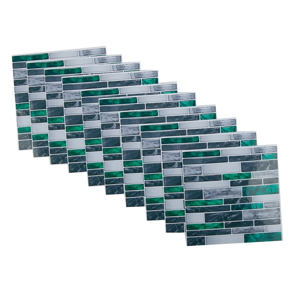 Set of self-adhesive 3D mosaic tile sticker sheets with dark teal and gray brick design