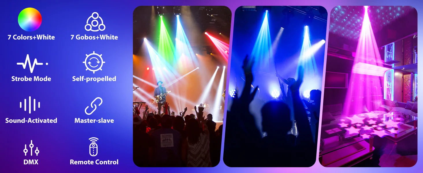 U'King 60W LED Moving Head Light White 4IN1 RGBW LED 7 Gobos Beam Stage Light DMX512 Remote Control for DJ Disco Show Party