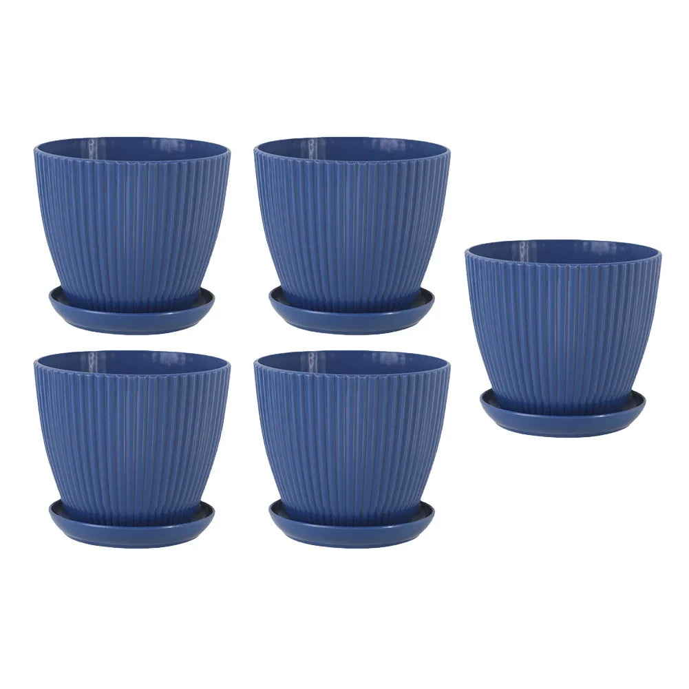 Blue ribbed resin planter set of five with saucers, vertical stripe design