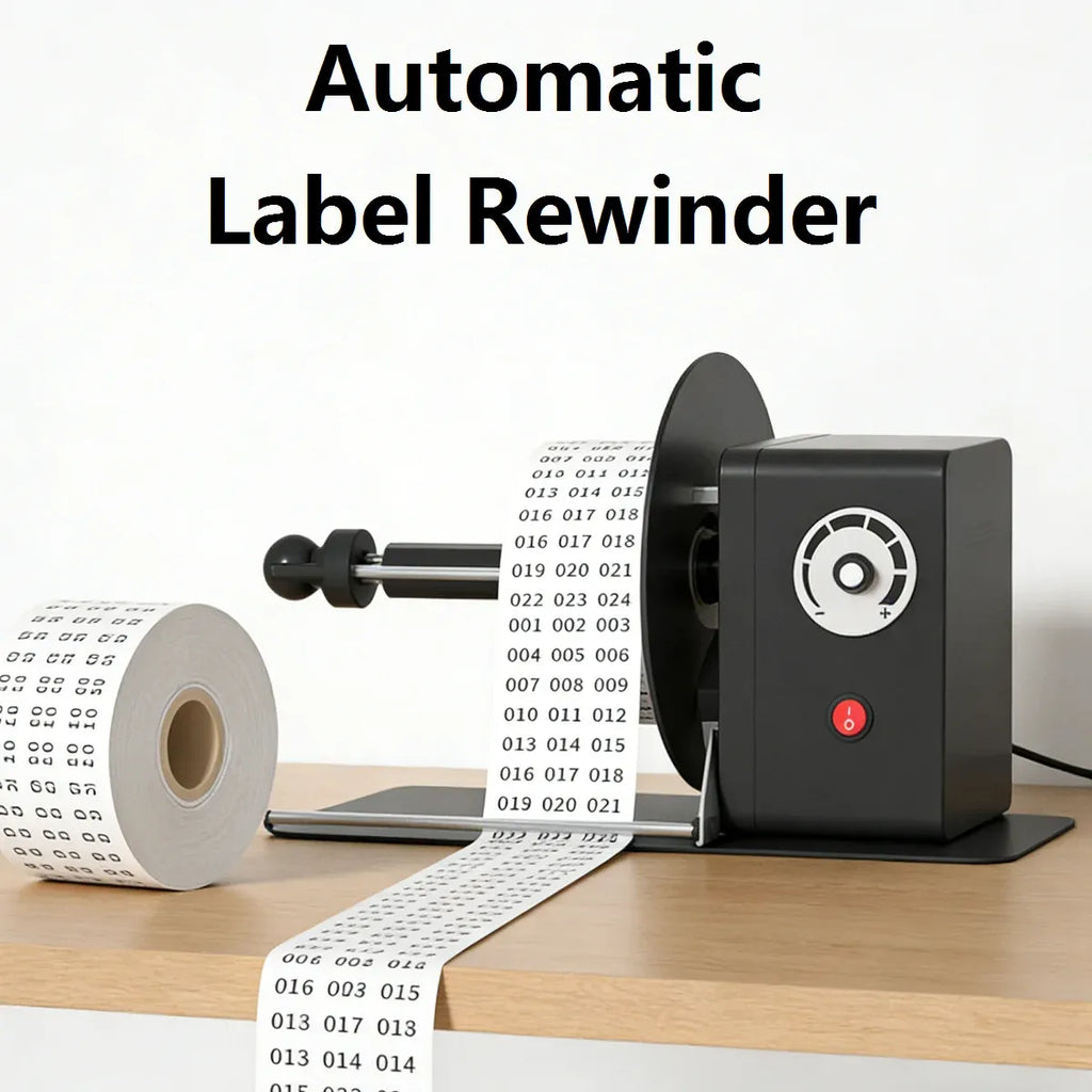 Automatic label rewinder with black base, right-side control dial, and label roll