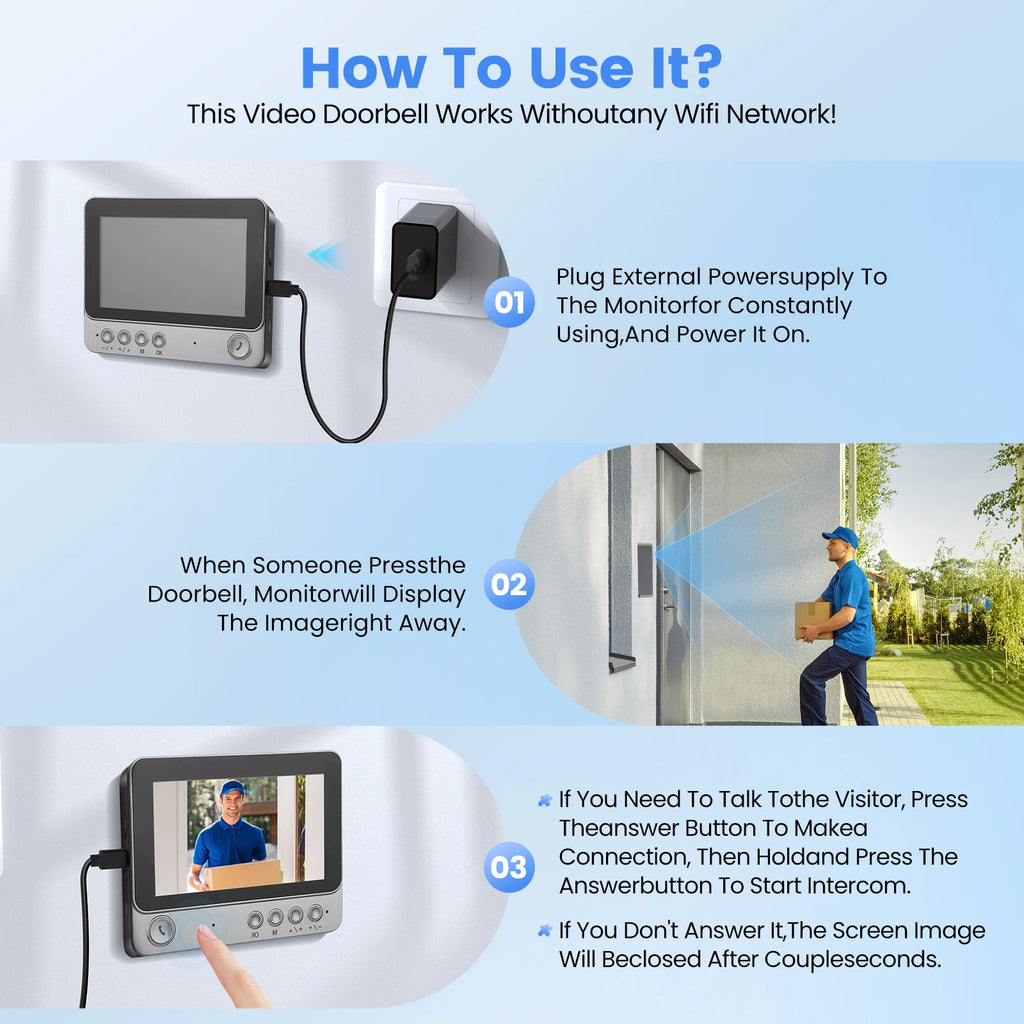 4.3 Inch Doorbell with Camera, Video Doorbell Radio IP65 Waterproof Door Intercom 170° Viewing Angle, Night Vision, 6 Ringtones