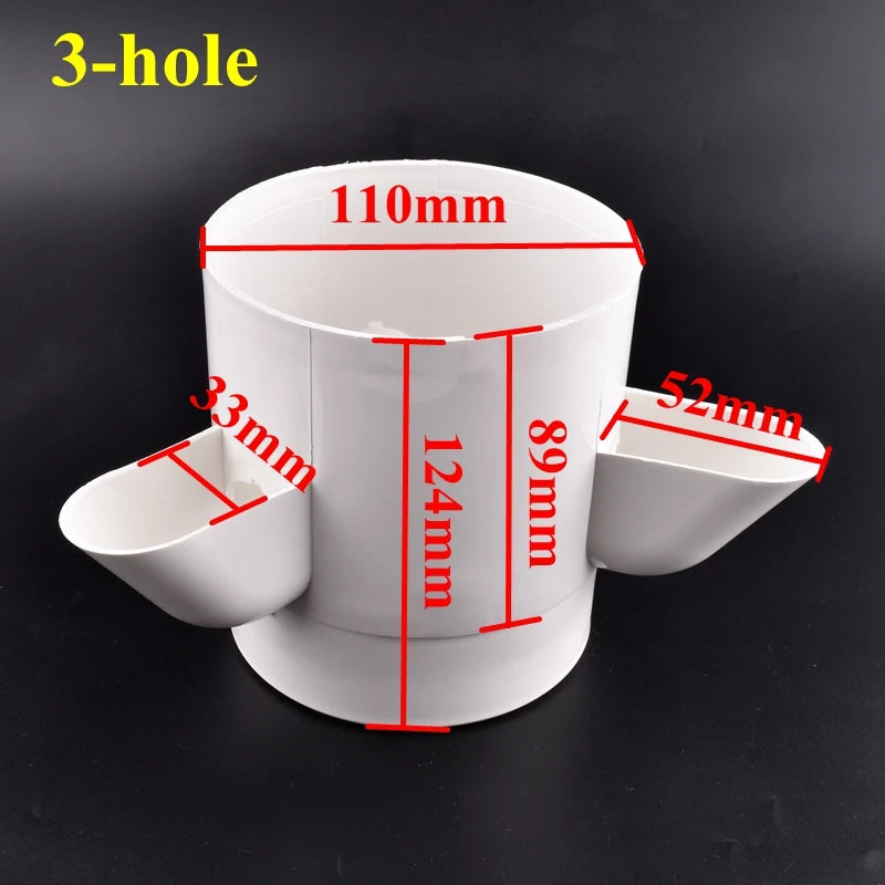 3-hole hydroponic planter cup with size dimensions, white plastic