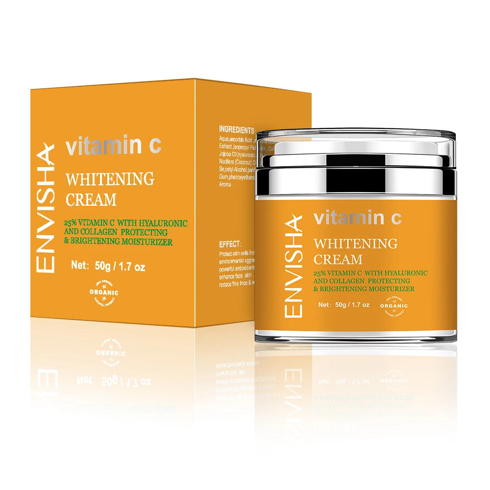 ENVISHA Vitamin C whitening cream in a round jar with a reflective silver lid, next to its matching orange box.