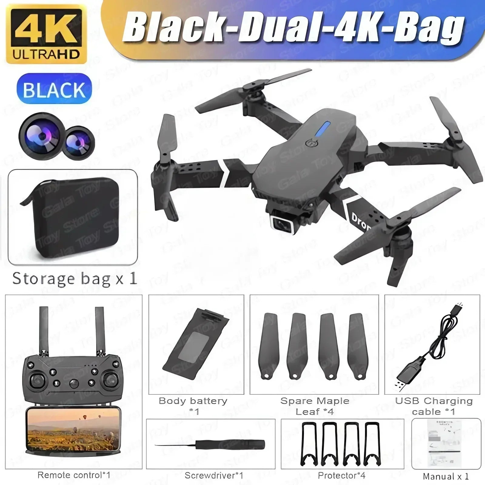 4K WiFi FPV Camera Drone - Foldable RC Quadcopter with HD Lens Black-Dual-4K-Bag Tidesmit