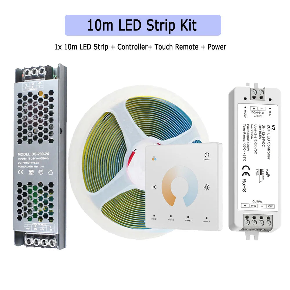 10m LED strip kit with controller, touch remote, and power supply