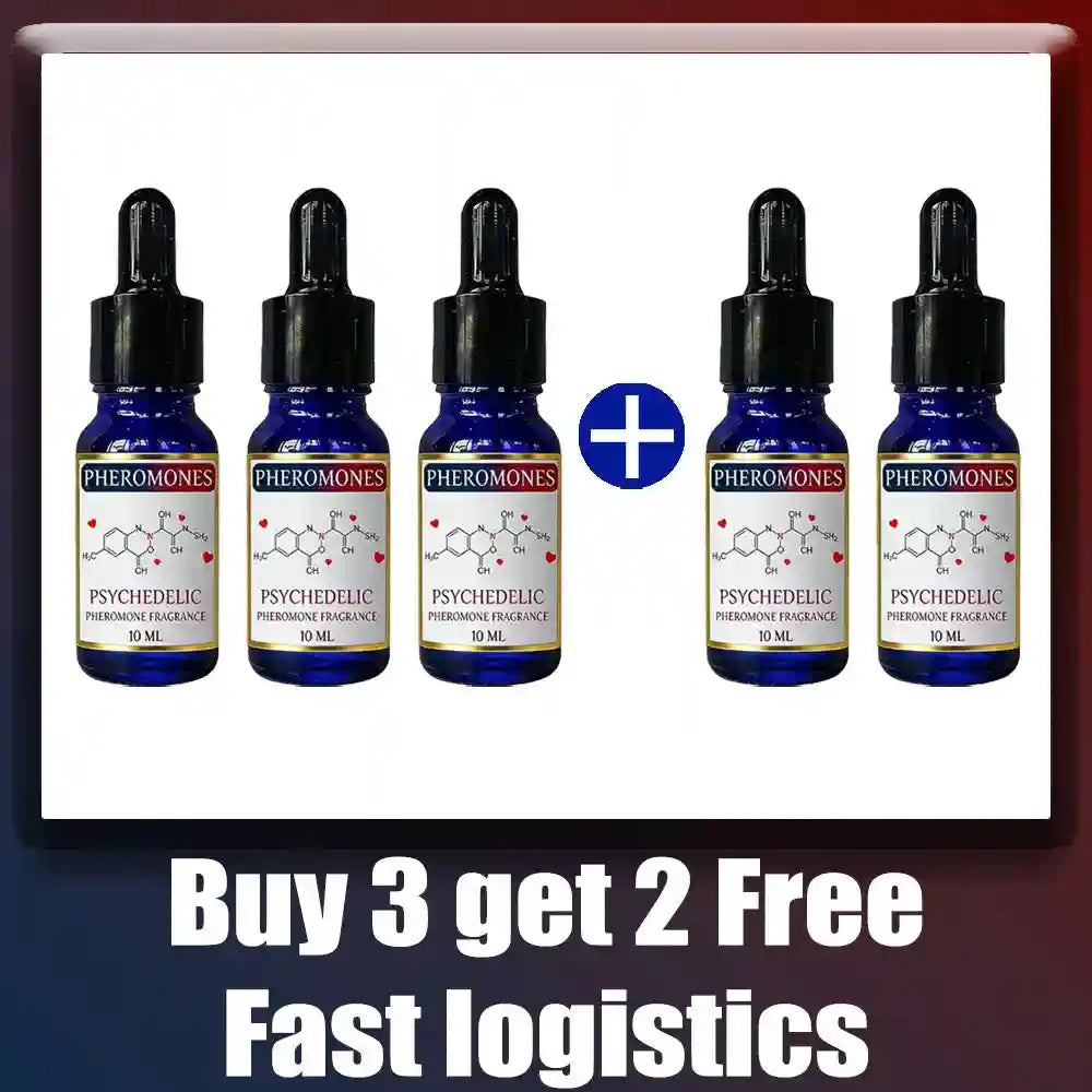 Psychedelic Pheromone fragrance oil for men: 5 blue 10ml dropper bottles, long-lasting scent for dates and business.
